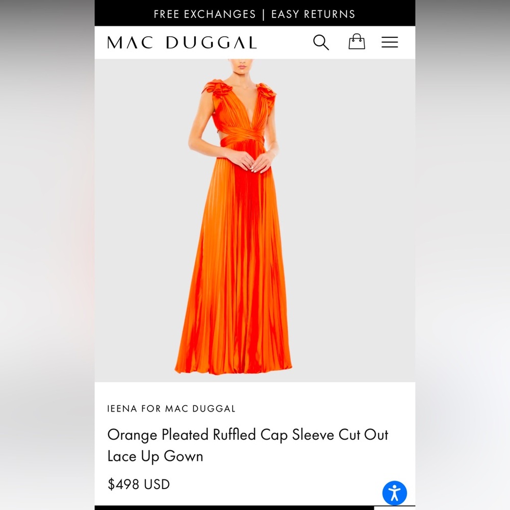 Mac Duggal Pleated Ruffle Cap Sleeve Cut Out Lace Up Dress. Sunset.